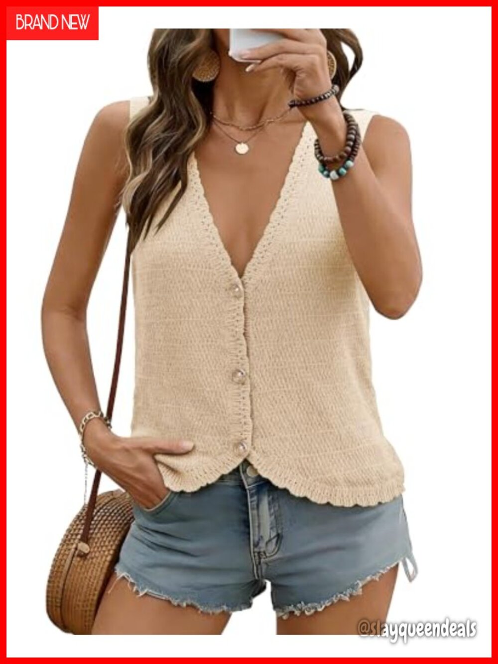 Womens Crochet Knit Sweater Vest Sleeveless V Neck Button Down Tank Top